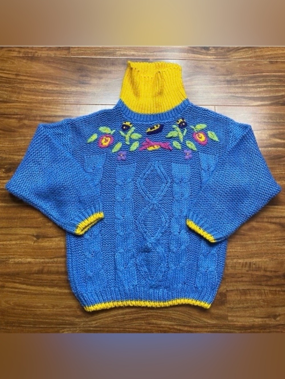 Vintage Kids Today Blue Yellow Turtleneck Cable Knit Floral Sweater Size Small